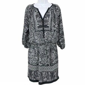 Cache Women’s Blouson Dress  Size M Paisley Print Black & White Button Up V Neck